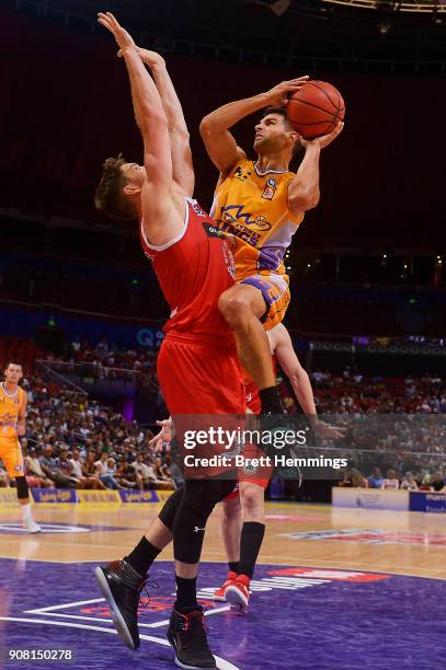 Kevin Lisch of the Kings drives towards the basket during the round 15 NBL match between the Sydney Kings and the Perth Wildcats at Qudos Bank Arena...