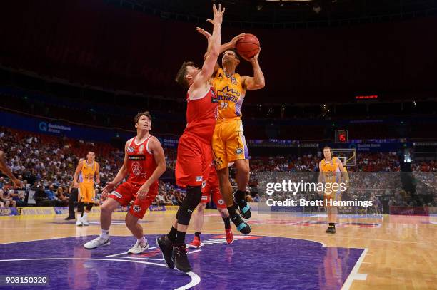 Kevin Lisch of the Kings drives towards the basket during the round 15 NBL match between the Sydney Kings and the Perth Wildcats at Qudos Bank Arena...