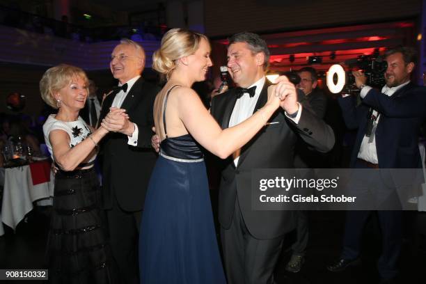 Edmund Stoiber and his wife Karin Stoiber and Sigmar Gabriel and his wife Anke Stadler dance during the German Film Ball 2018 at Hotel Bayerischer...