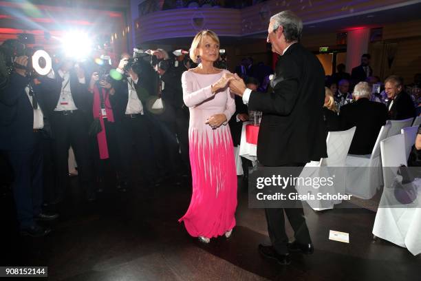 Uschi Glas and her husband Dieter Hermann dance during the German Film Ball 2018 party at Hotel Bayerischer Hof on January 20, 2018 in Munich,...