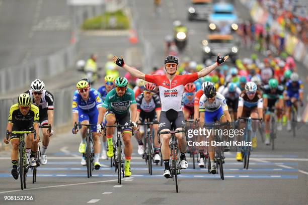 Andre Greipel of Germany and Lotto Soudal celebrates after winning stage six of the 2018 Tour Down Under on January 21, 2018 in Adelaide, Australia.