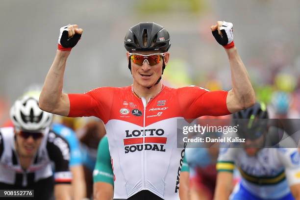 Andre Greipel of Germany and Lotto Soudal celebrates after winning stage six of the 2018 Tour Down Under on January 21, 2018 in Adelaide, Australia.
