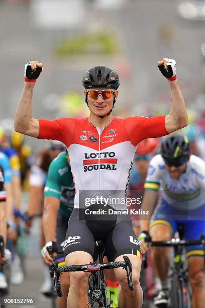 Andre Greipel of Germany and Lotto Soudal celebrates after winning stage six of the 2018 Tour Down Under on January 21, 2018 in Adelaide, Australia.