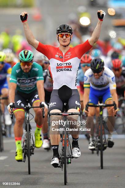 Andre Greipel of Germany and Lotto Soudal celebrates after winning stage six of the 2018 Tour Down Under on January 21, 2018 in Adelaide, Australia.