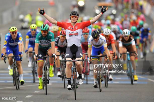 Andre Greipel of Germany and Lotto Soudal celebrates after winning stage six of the 2018 Tour Down Under on January 21, 2018 in Adelaide, Australia.