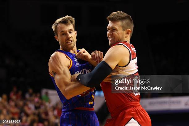 Nathan Sobey of the 36ers and Rotnei Clarke of the Hawks during the round 15 NBL match between the Illawarra Hawks and Adelaide United at Wollongong...