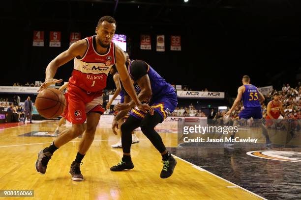 Demitrius Conger of the Hawks dribbles the ball during the round 15 NBL match between the Illawarra Hawks and Adelaide United at Wollongong...