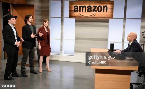 Jessica Chastain" Episode 1736 -- Pictured: Beck Bennett as Tommy Galecki, Alex Moffat as Casey Affleck, Jessica Chastain as Jeanine Flannigan, Kyle...