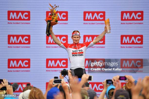 Andre Greipel of Germany and Lotto Soudal celebrates on the podium after winning stage six of the 2018 Tour Down Under on January 21, 2018 in...