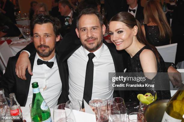 Florian David Fitz, Moritz Bleibtreu and Martina Hill during the German Film Ball 2018 at Hotel Bayerischer Hof on January 20, 2018 in Munich,...