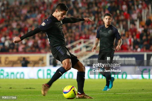 Ronaldo Cisneros of Chivas kicks the ball during the third round match between Necaxa and Chivas as part of Torneo Clausura 2018 Liga MX at Victoria...