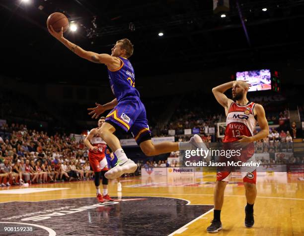 Nathan Sobey of the 36ers drives to the basket during the round 15 NBL match between the Illawarra Hawks and Adelaide United at Wollongong...