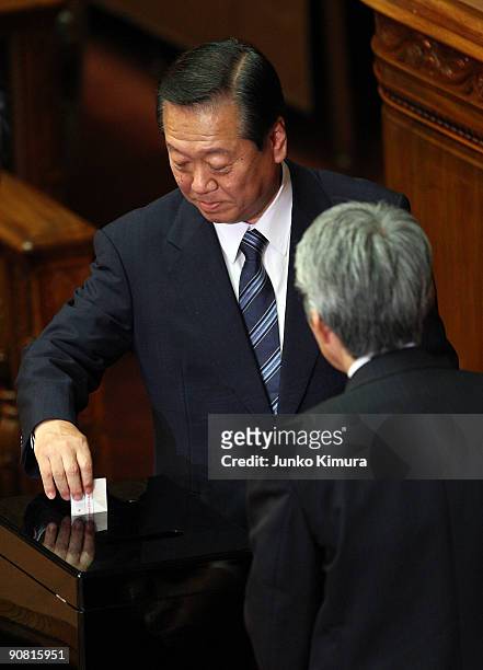 Ichiro Ozawa, the Secretary General of Democratic Party of Japan and a member of lower house, votes to select new Japanese Prime Minister during the...
