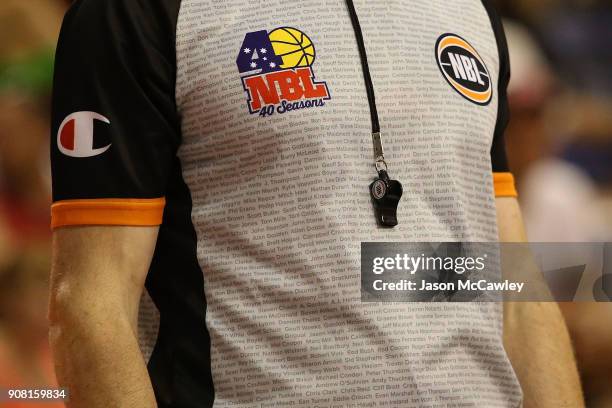 Referees names are seen on the referees shirts during the round 15 NBL match between the Illawarra Hawks and Adelaide United at Wollongong...