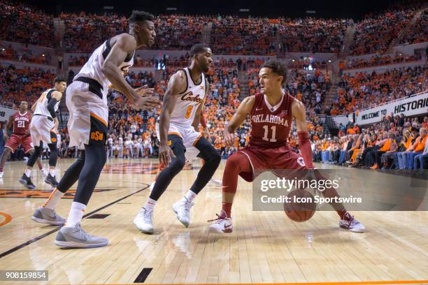 Oklahoma Sooners guard Trae Young during the college Big 12 conference mens basketball game between the Oklahoma Sooners and the Oklahoma State...