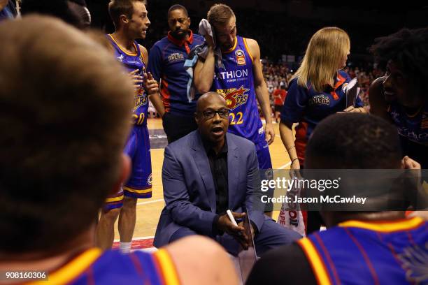 Joey Wright head coach of the 36ers speaks to his players during the round 15 NBL match between the Illawarra Hawks and Adelaide United at Wollongong...