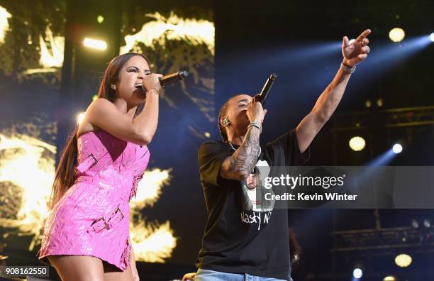 Natti Natasha and Ozuna perform onstage during Calibash Los Angeles 2018 at Staples Center on January 20, 2018 in Los Angeles, California.