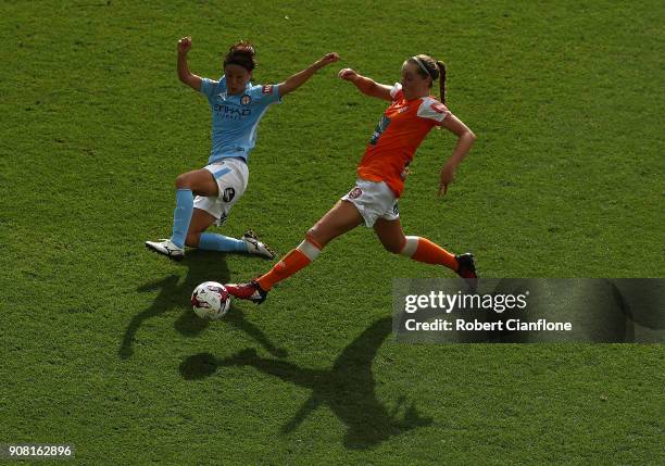 Celeste Boureille of the Roar is challenged by Yukari Kinga of Melbourne City during the round 12 W-League match between Melbourne City and the...