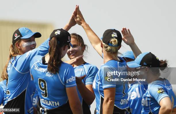 Strikers players react after taking the wicket of Thunder Rachel Haynes during the Women's Big Bash League match between the Adelaide Strikers and...