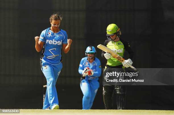 Strikers Suzie Bates reacts after taking the wicket of Thunder Rachel Haynes during the Women's Big Bash League match between the Adelaide Strikers...