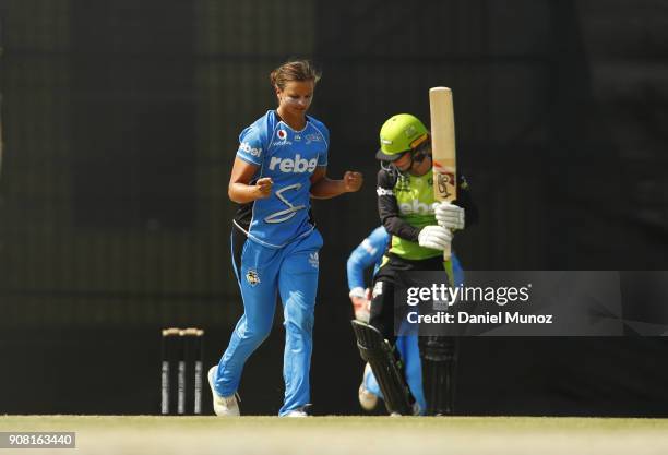 Strikers Suzie Bates reacts after taking the wicket of Thunder Rachel Haynes during the Women's Big Bash League match between the Adelaide Strikers...