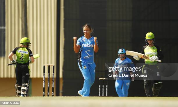 Strikers Suzie Bates reacts after taking the wicket of Thunder Rachel Haynes during the Women's Big Bash League match between the Adelaide Strikers...