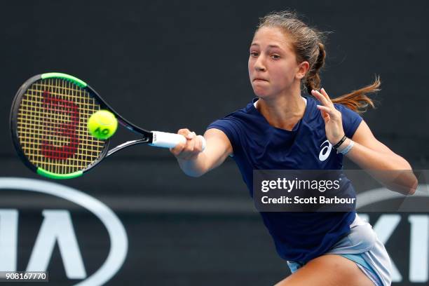 Diane Parry of France plays a forehand against Anri Nagata of Japan during the Australian Open 2018 Junior Championships at Melbourne Park on January...