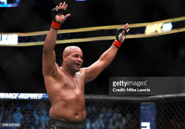 Daniel Cormier reacts after his fight against Volkan Oezdemir in their Light Heavyweight Championship fight during UFC 220 at TD Garden on January...