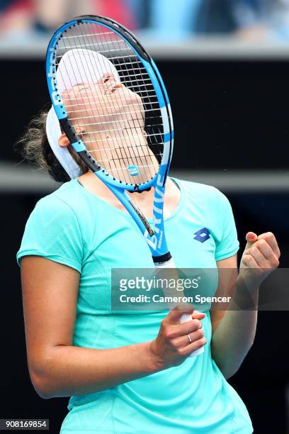 Elise Mertens of Belgium celebrates winning her fourth round match against Petra Martic of Croatia on day seven of the 2018 Australian Open at...