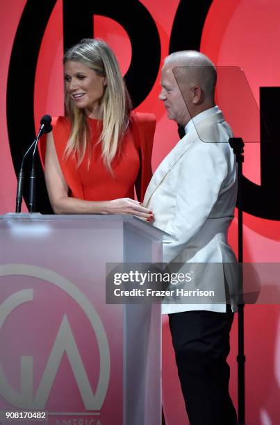 Gwyneth Paltrow and Ryan Murphy on stage at the 29th Annual Producers Guild Awards at The Beverly Hilton Hotel on January 20, 2018 in Beverly Hills,...