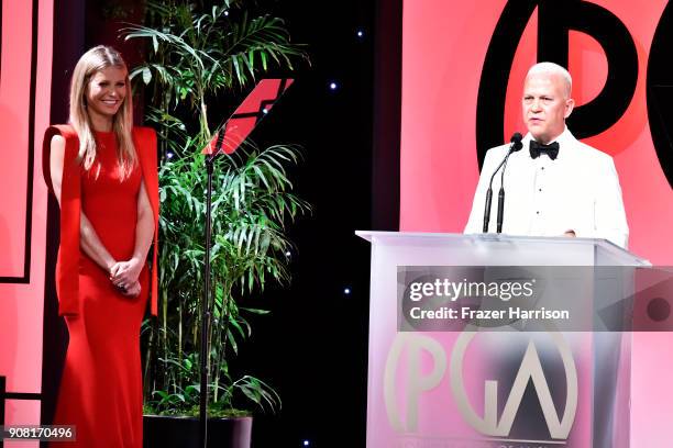 Gwyneth Paltrow and Ryan Murphy on stage at the 29th Annual Producers Guild Awards at The Beverly Hilton Hotel on January 20, 2018 in Beverly Hills,...