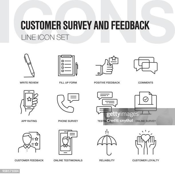 customer survey and feedback line icons set - customer feedback stock illustrations
