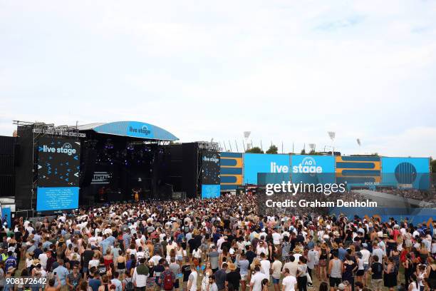 Large crowd watches Rudimental perform on the Australian Open Live Stage during day seven of the 2018 Australian Open at Melbourne Park on January...