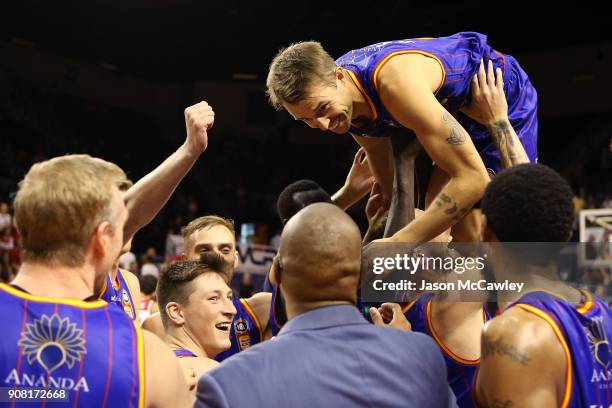 Nathan Sobey of the 36ers celebrates victory during the round 15 NBL match between the Illawarra Hawks and Adelaide United at Wollongong...