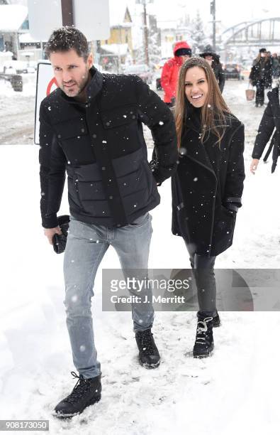 Philip Schneider and Hilary Swank are seen in SOREL Style Around Park City - Day 2 on January 20, 2018 in Park City, Utah.