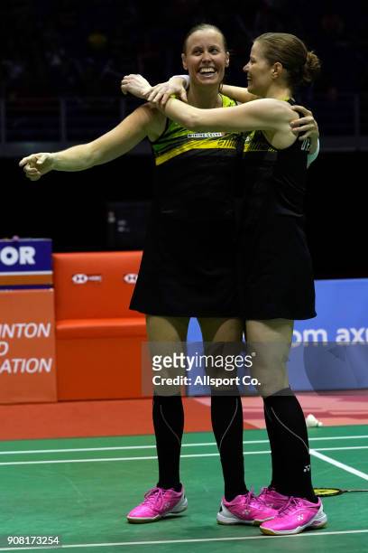 Kamil Rytter Juhl and Christinna Pedersen of Denmark celebrate after winning in the Women's Doubles Final during the Perodua Malaysia Masters 2018 at...