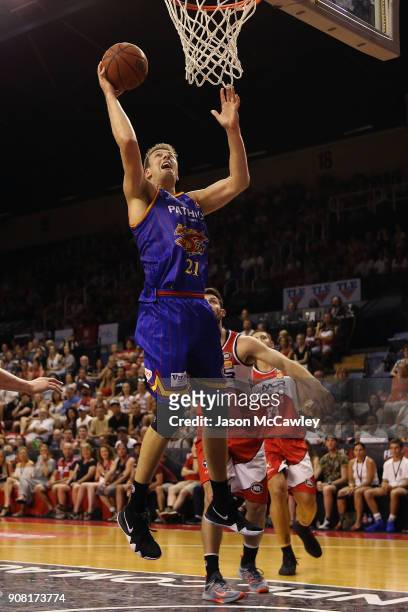 Daniel Johnson of the 36ers shoots during the round 15 NBL match between the Illawarra Hawks and Adelaide United at Wollongong Entertainment Centre...