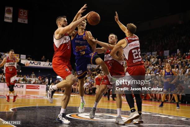 Nathan Sobey of the 36ers drives to the basket during the round 15 NBL match between the Illawarra Hawks and Adelaide United at Wollongong...
