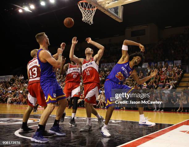 Jason Childress of the 36ers is fouled during the round 15 NBL match between the Illawarra Hawks and Adelaide United at Wollongong Entertainment...