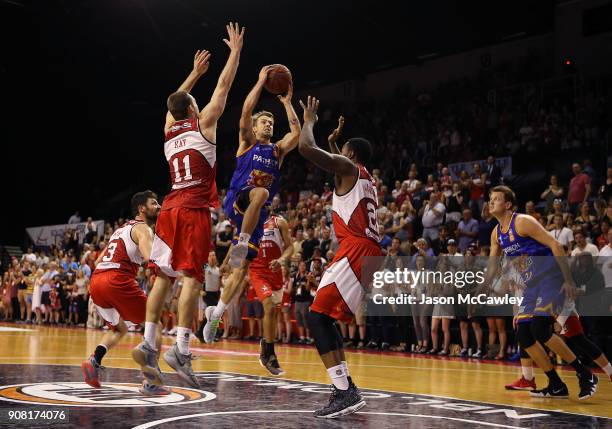 Nathan Sobey of the 36ers drives to the basket during the round 15 NBL match between the Illawarra Hawks and Adelaide United at Wollongong...