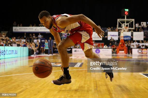 Demitrius Conger of the Hawks during the round 15 NBL match between the Illawarra Hawks and Adelaide United at Wollongong Entertainment Centre on...