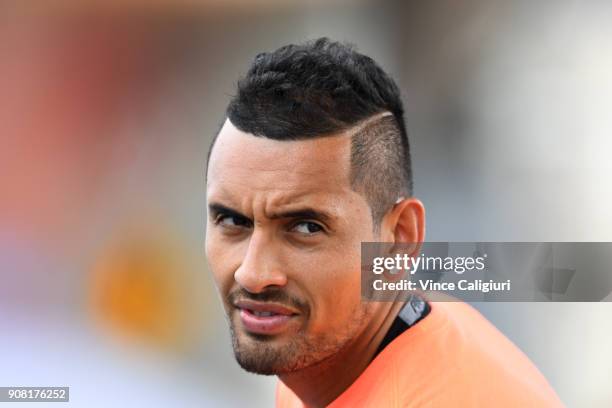 Nick Kyrgios of Australia is seen during a practice session on day seven of the 2018 Australian Open at Melbourne Park on January 21, 2018 in...