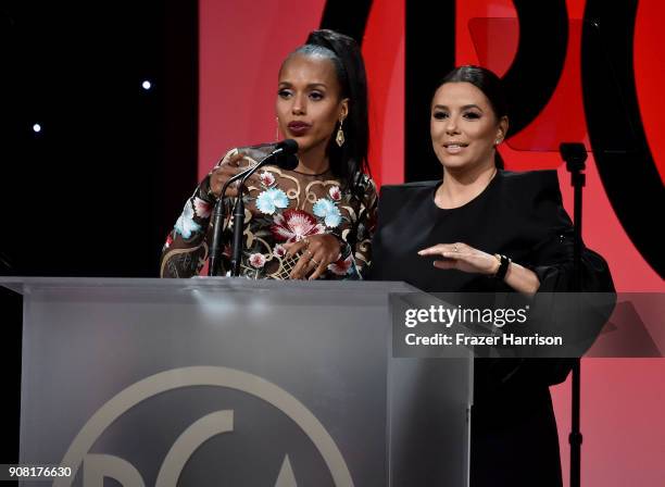 Kerry Washington and Eva Longoria on stage at the 29th Annual Producers Guild Awards at The Beverly Hilton Hotel on January 20, 2018 in Beverly...