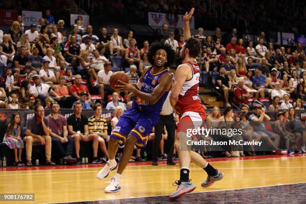 Jason Childress of the 36ers drives to the basket during the round 15 NBL match between the Illawarra Hawks and Adelaide United at Wollongong...