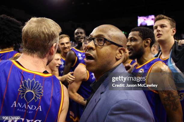 Joey Wright head coach of the 36ers during the round 15 NBL match between the Illawarra Hawks and Adelaide United at Wollongong Entertainment Centre...