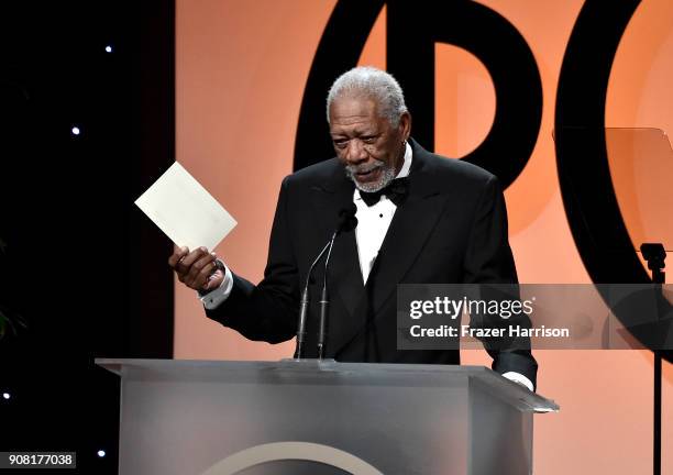 Morgan Freeman on stage at the 29th Annual Producers Guild Awards at The Beverly Hilton Hotel on January 20, 2018 in Beverly Hills, California.
