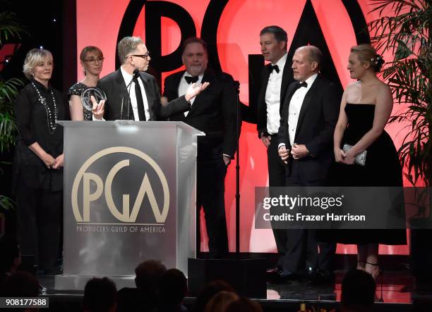Warren Littlefield and 'The Handmaid's Tale' producers on stage at the 29th Annual Producers Guild Awards at The Beverly Hilton Hotel on January 20,...