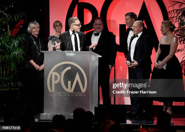 Warren Littlefield and 'The Handmaid's Tale' producers on stage at the 29th Annual Producers Guild Awards at The Beverly Hilton Hotel on January 20,...