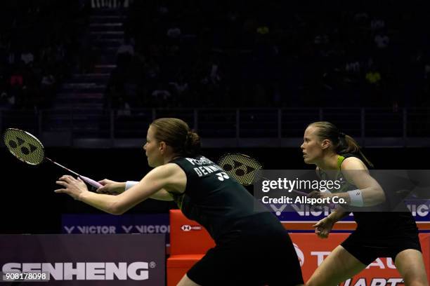 Kamil Rytter Juhl and Christinna Pedersen of Denmark in action against Chen Qingchen and Jia Yifan of China in the Women's Doubles Final during the...