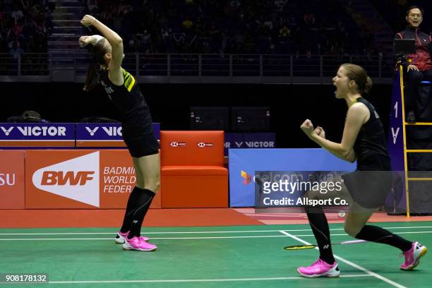 Kamil Rytter Juhl and Christinna Pedersen of Denmark celebrate after they defeated Chen Qingchen and Jia Yifan of China in the Women's Doubles Final...